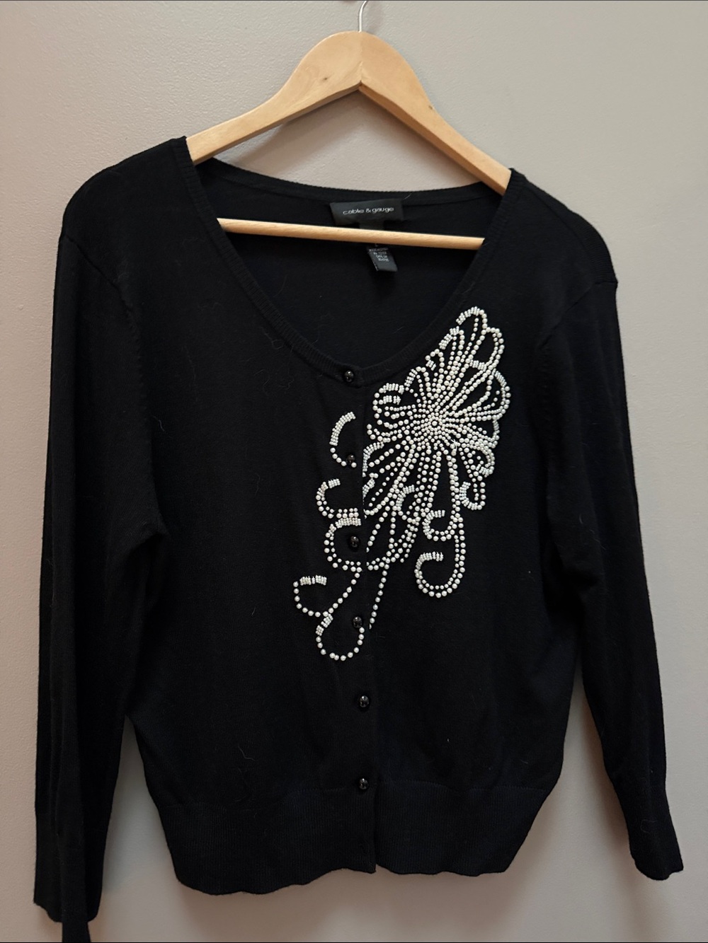 Crystal-Embellished Black V-Neck Cardigan